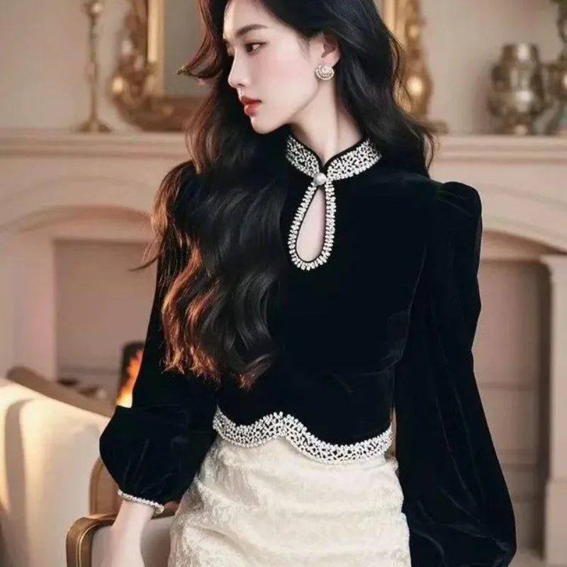 Camisa de manga larga de terciopelo negro para Mujer primavera otoño nuevas Blusas de fondo elegante Vintage Slim Fit Blusas Mujer 2025