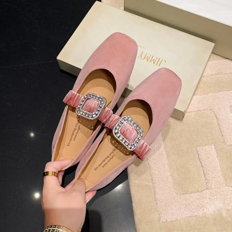 MKKHOU Fashion Women's Shoes New High Quality Suede Shoes Crystal Buckle Square Head Shallow Mouth Lightweight Flats Shoes