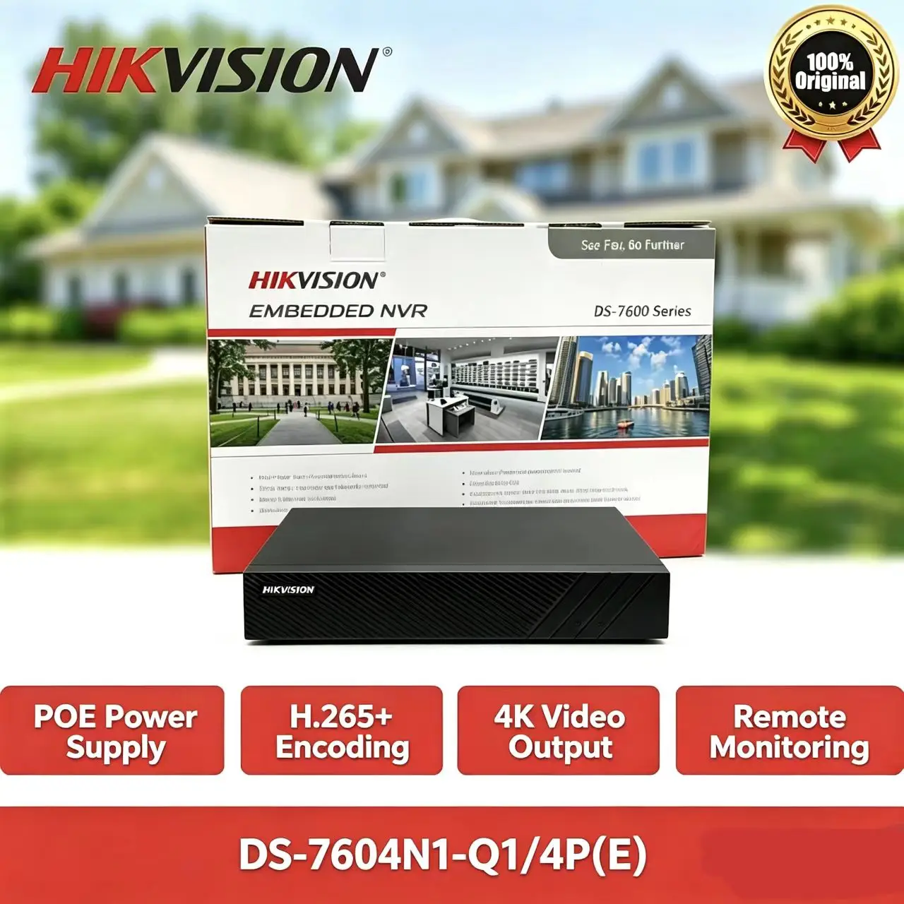 Hikvision DS-7604NI-Q1/4P(E) 4CH 4K PoE NVR, 1U compact, save space, 40Mbps smooth, ideal for home & small business security.