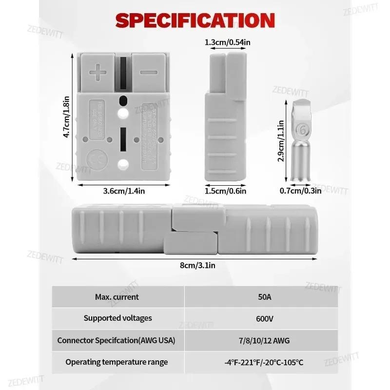 Premium 50A DC Power Connector Anderson Style Plug Fit Solar Panel RV Car Battery Charger Electric Power Tool Parts