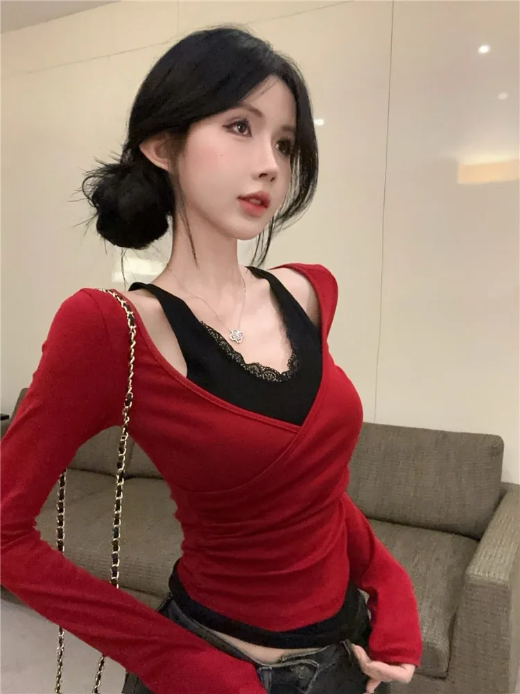 

Red Lace Short Sleeve Long Shirt Women's Base Layer Top V-neck Korean Style Commute Fashion plus Size Inner Wear Autumn Winter