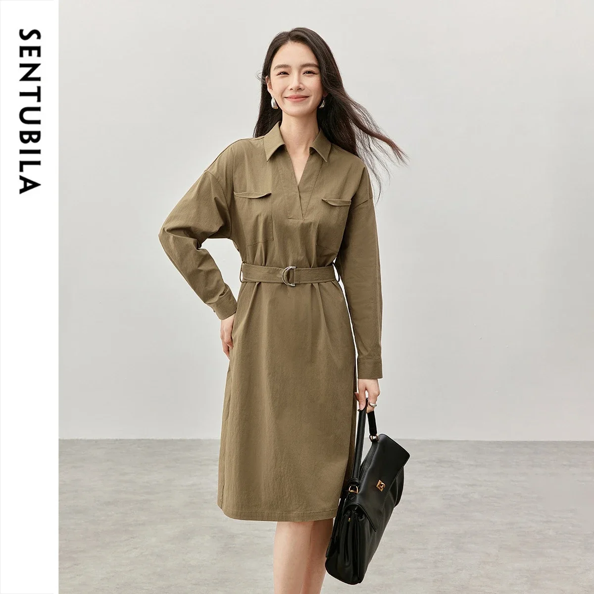 SENTUBILA Women's Texture Cotton Shirt Dress 2026 Spring Autumn V Neck Long Sleeve Women Elegant Fitted Midi Dress 143L56867
