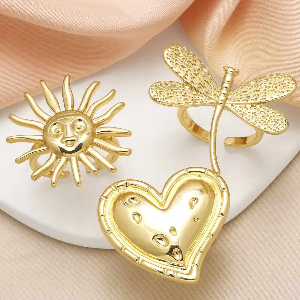 OCESRIO Fashion Big Heart Statement Rings for Women Copper Gold Plated Dragonfly Sun Open Ring Women Jewelry Gift righ58