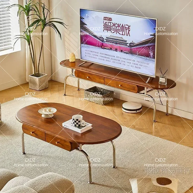 Medieval Solid Wood Coffee Table and TV Cabinet Combo Retro Minimalist Living Room Wall Storage Unit with Double Layer Design