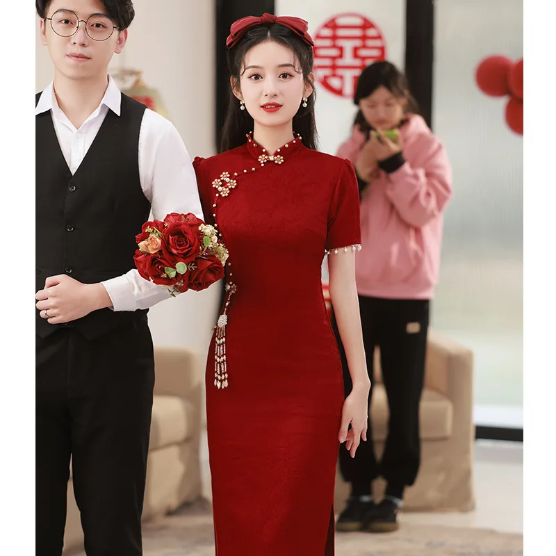 

Yourqipao Wedding Toast Clothing Chinese Summer Small Burgundy Cheongsams Engagement Evening Dress Women Wedding Xiuhe Gowns