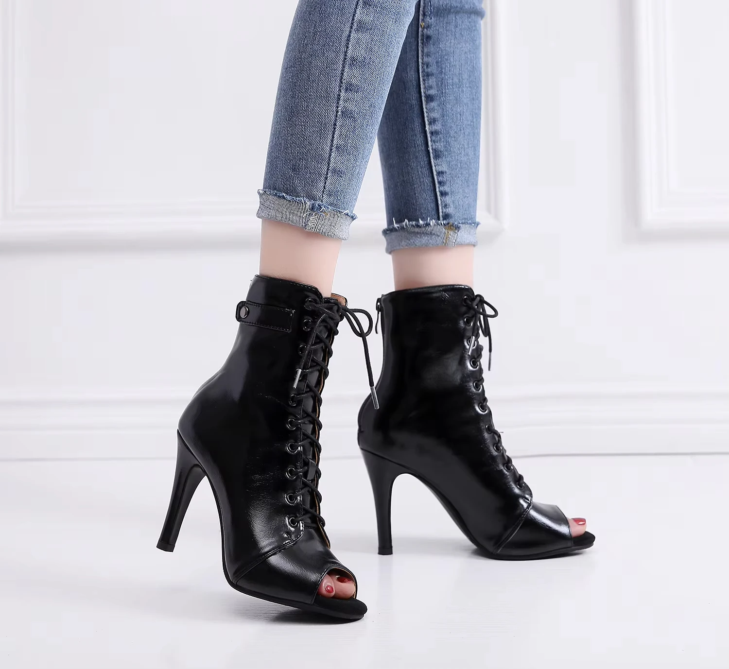 Fish mouth sandals women spring summer stiletto hollow short boots lace-up jazz dance high heels large size sandals