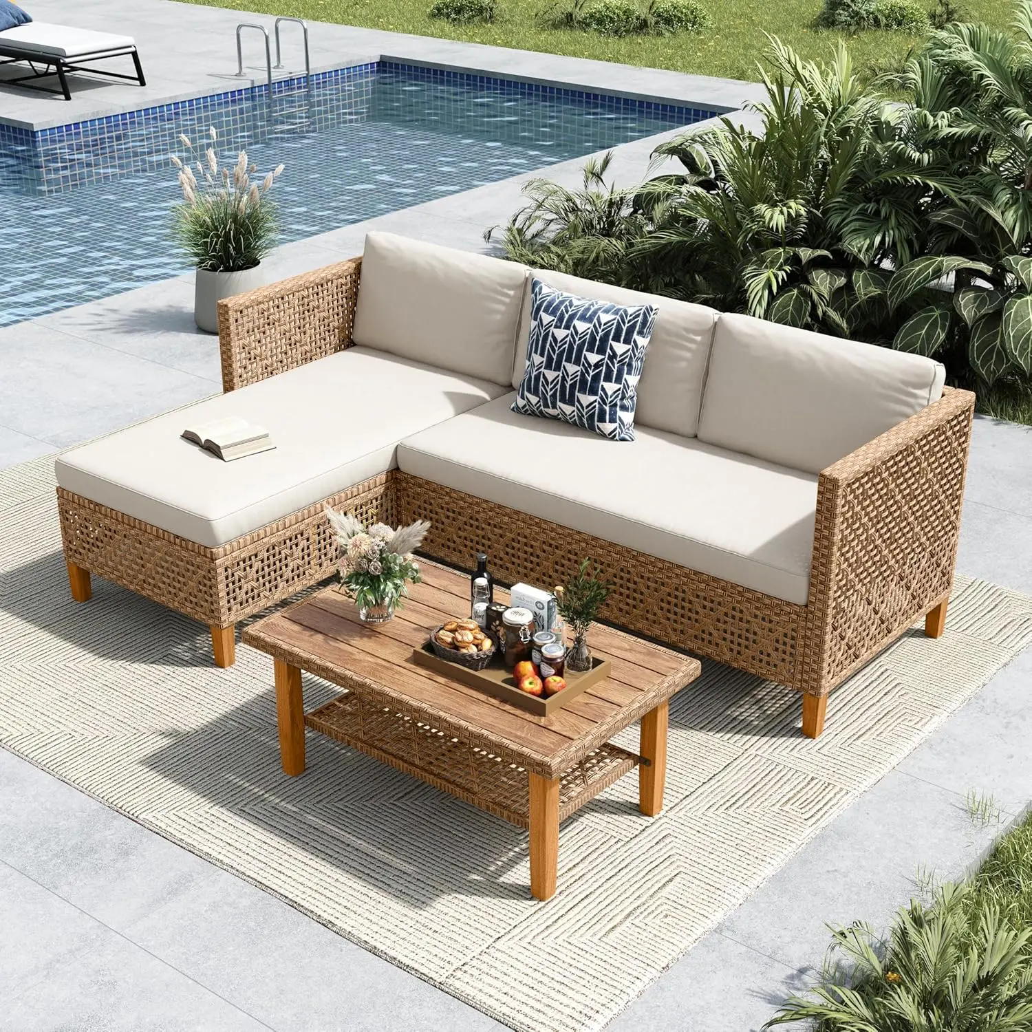 Set Sofa Seksional Rotan Patio 3 Buah, Set Furnitur Sofa Kecil Bentuk L untuk Luar Ruangan dengan Meja Kayu dan 2 Sofa Bangku, 3-Buah
