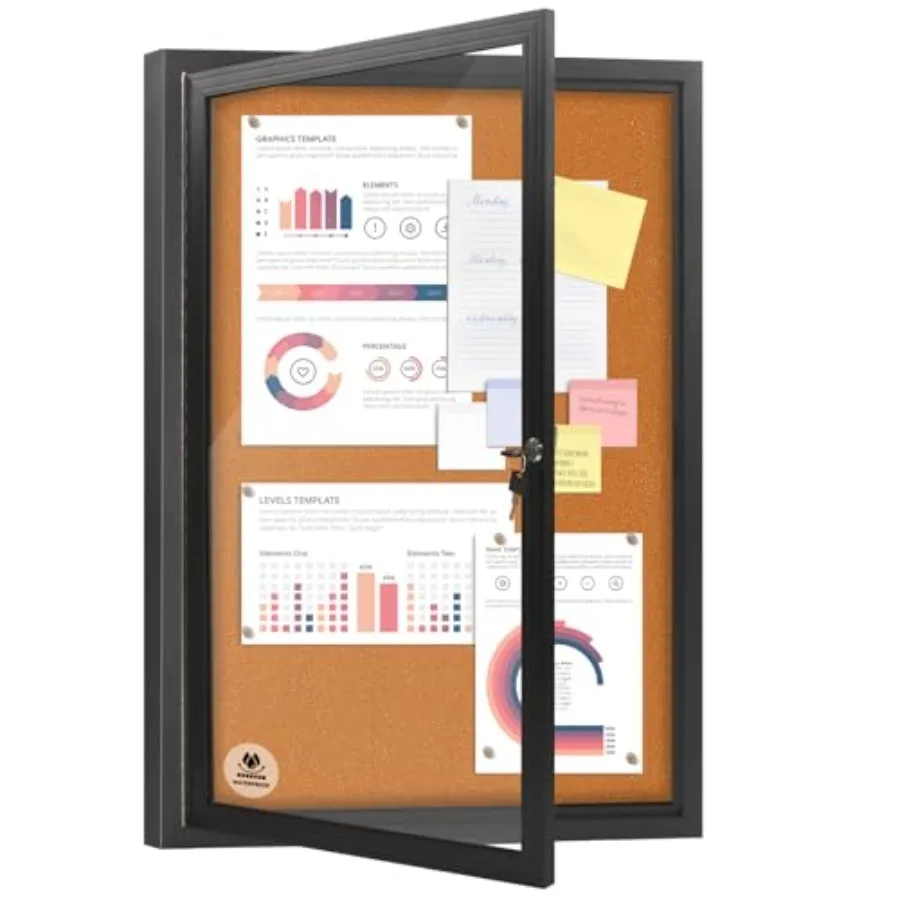 

36x24 Inch Outdoor Enclosed Bulletin Board with Locking Door - Weatherproof and Tamperproof Cork Notice Board - Black Aluminum