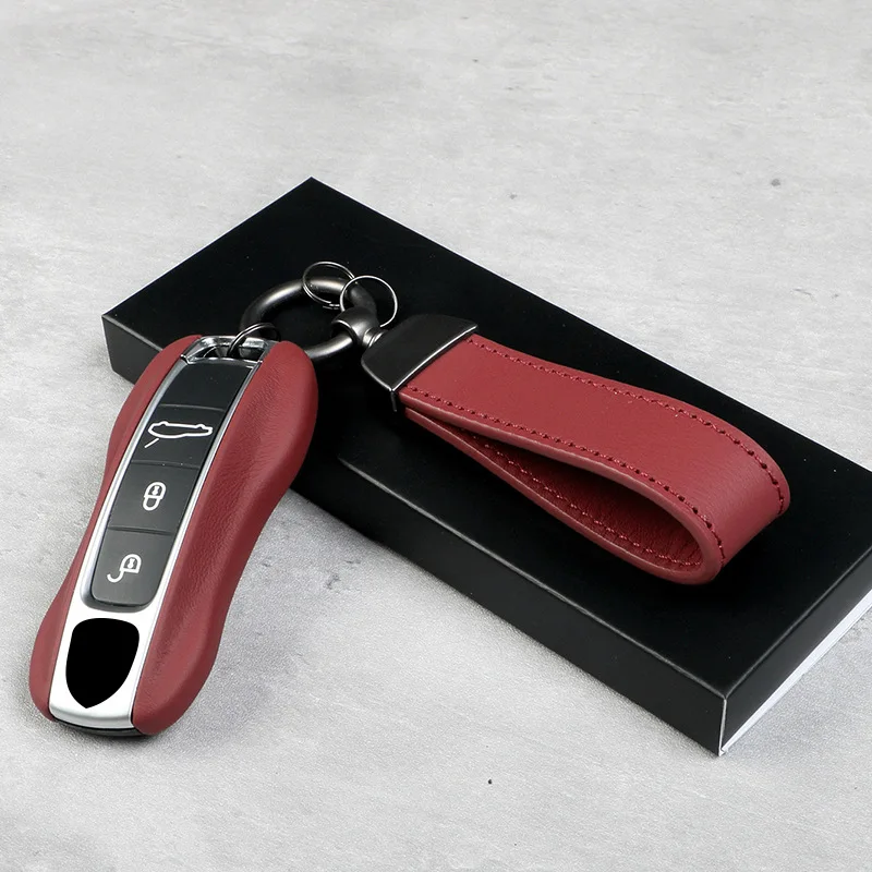 Genuine Leather Bordeaux Red for Porsche Panamera Cayenne 971 911 9YA Macan Boxster Key Case Cover Fit 3 4 Button Key Bag Chain