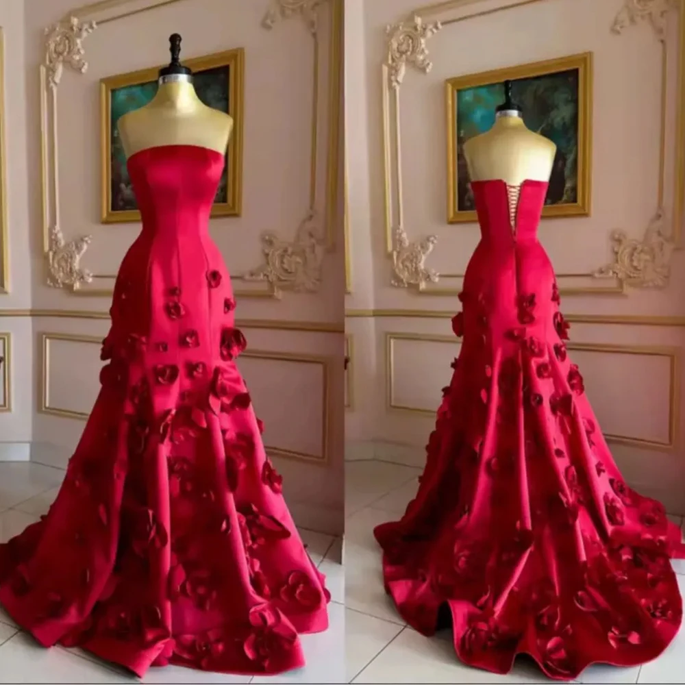 

Red Strapless Satin Evening Dress Exquisite 3D Handmade Flower Mermaid Lace Up Customized فساتين حفلة موسيقية