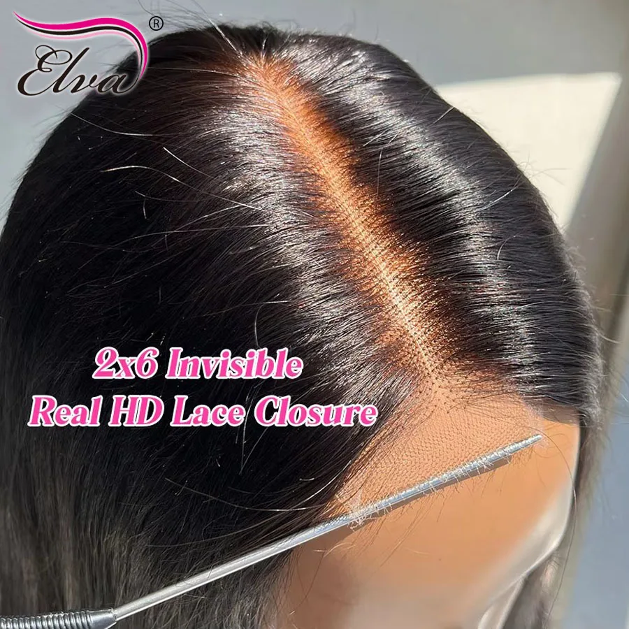 Elva Hair HD Lace 2x6 Deep Part Human Hair Closures Straight & Body Wave Skinlike Real HD Lace Closures Pre Plucked Middle Part