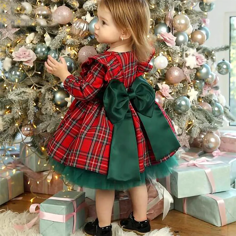 

Princ Sle Plaid Cisas Dr for Girls Spring Autumn Thin Long Sve Dr Lace Skirt A-Line Dr