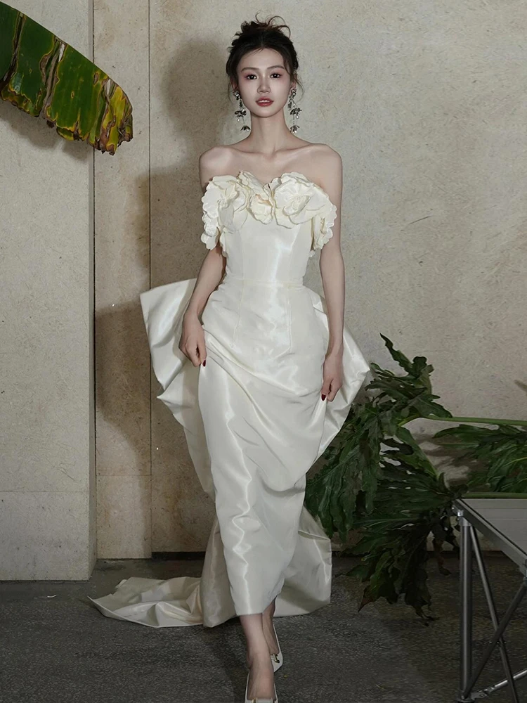 

Ele Bridal Gown Satin Strapl Fi Tail Dr White Outdoor Wedding Dr with Flowers Handmade Soft Draped Waist