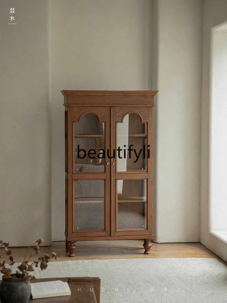 

zxqMedieval wabi sandy wind solid wood bookcase glass floor storage wine cabinet