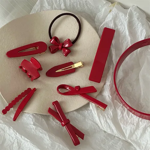 Imagen 2 del producto Horquilla de estilo Retro francés rojo para mujer, línea de cabello de otoño e invierno, pinza para el cabello rota, tocado de ácido acético lateral Premium