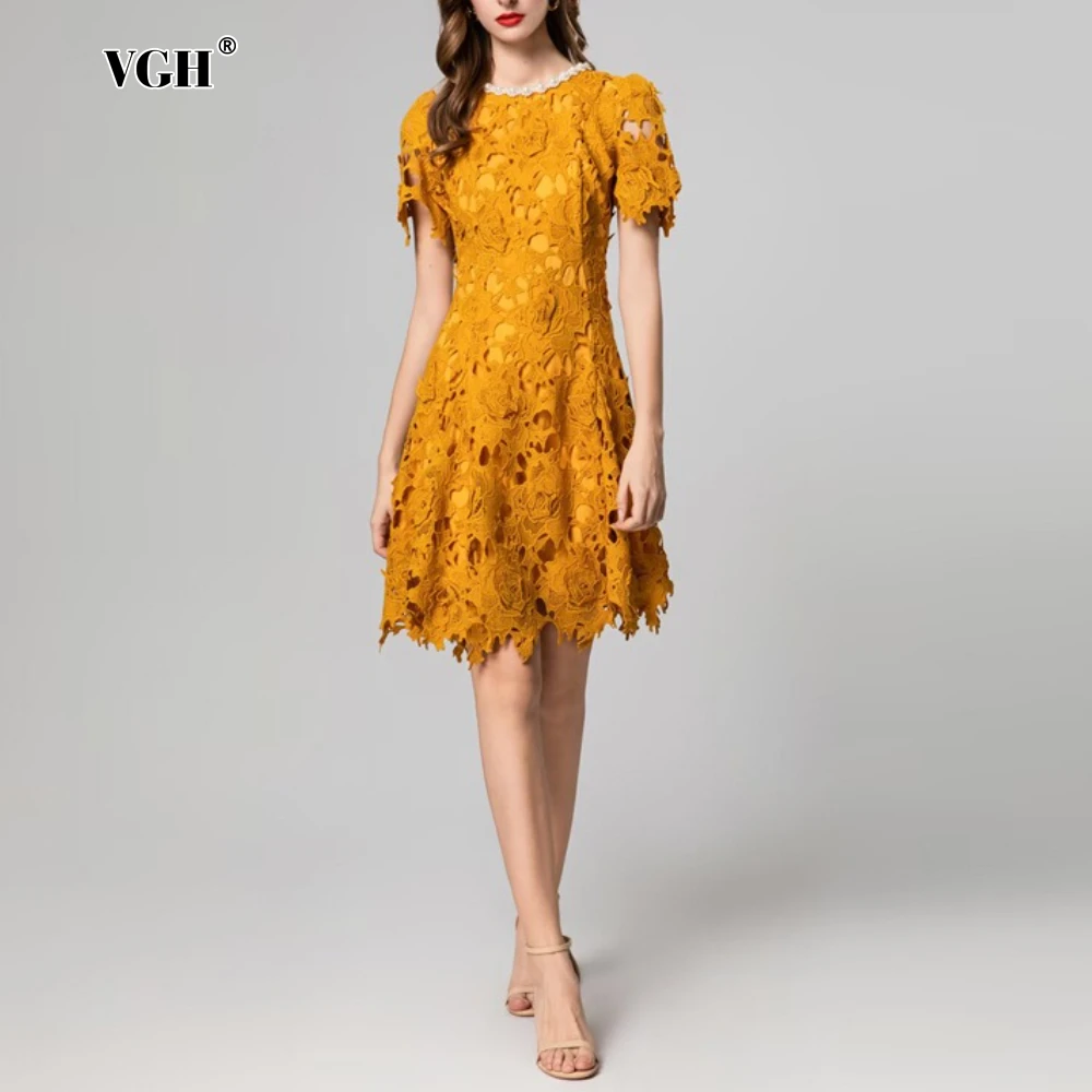 

VGH Elegant Spliced Beading Princess Dress for Women O Neck Short Sleeve Patchwork Hollow Out Knee Length Dresses Female Clothes