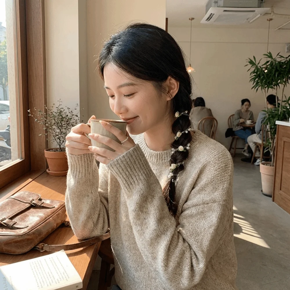 

Sweet Rose Bead Rubber Band High Elasticity Braided Style Telephone Line Hair Tie Charming Flowers Ponytail Braid Hair Rope