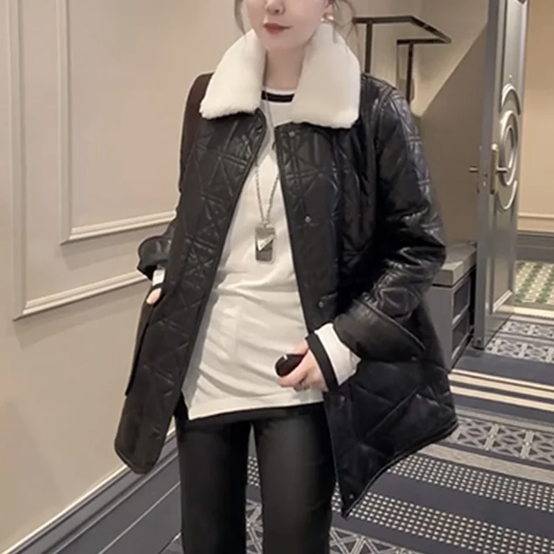 レディース ダイヤモンド柄 薄手コットン 本革ジャケット ウインドブレーカー ミドル丈コート 暖かいシープスキン アウターコート