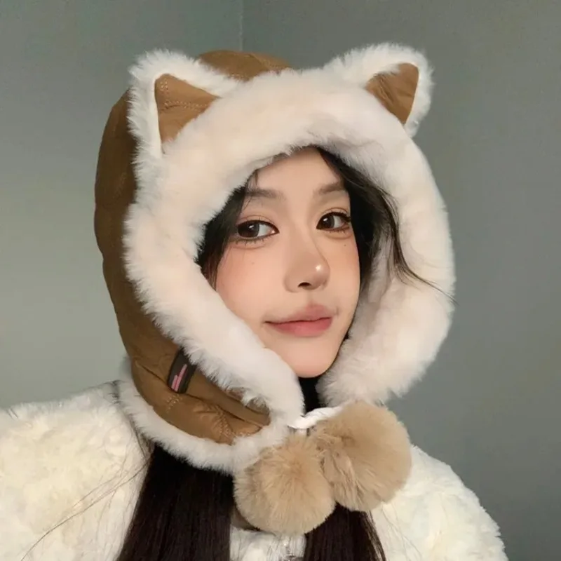 

Cute Cat Women Plush Hat Winter Warm Ear Protection Cap Cold Proof Cycling Headgear Girls Thick Velvet Pullover Caps