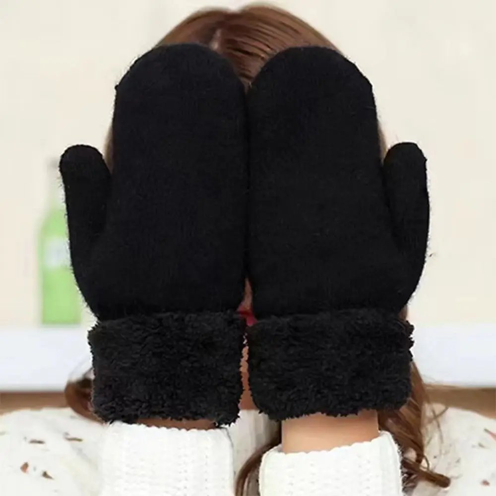 Solid Color Women Wool Cashmere Knit Warm Mitten Female Winter Plus Velvet Thicken Double Layer Plush Full Finger Driving Gloves