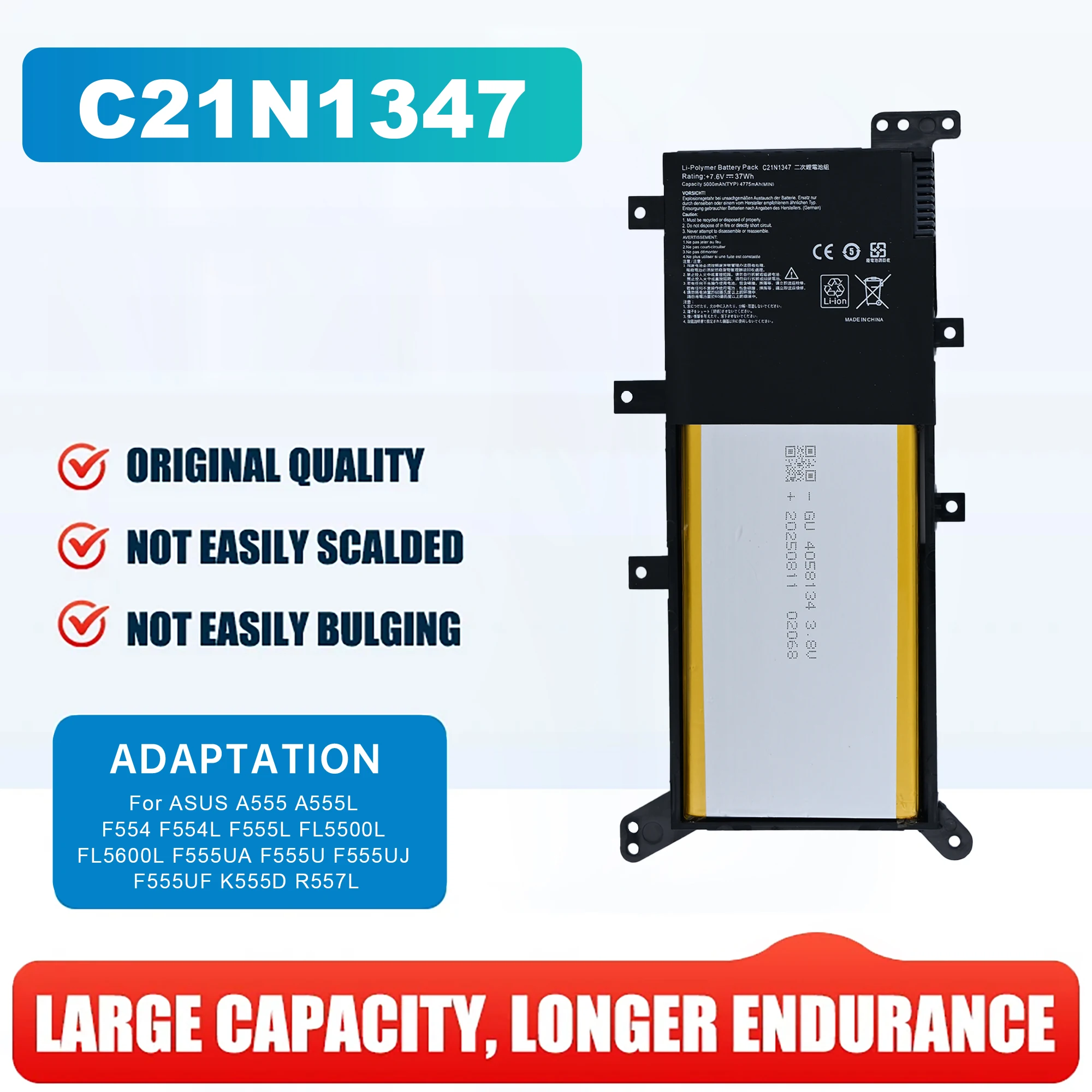C21N1347 Laptop Battery for ASUS X554 X555 X555U X555L A555L A555LD F550 F554 F555 K555 K555L K555Z R556 R557 V450 VM510 VM590
