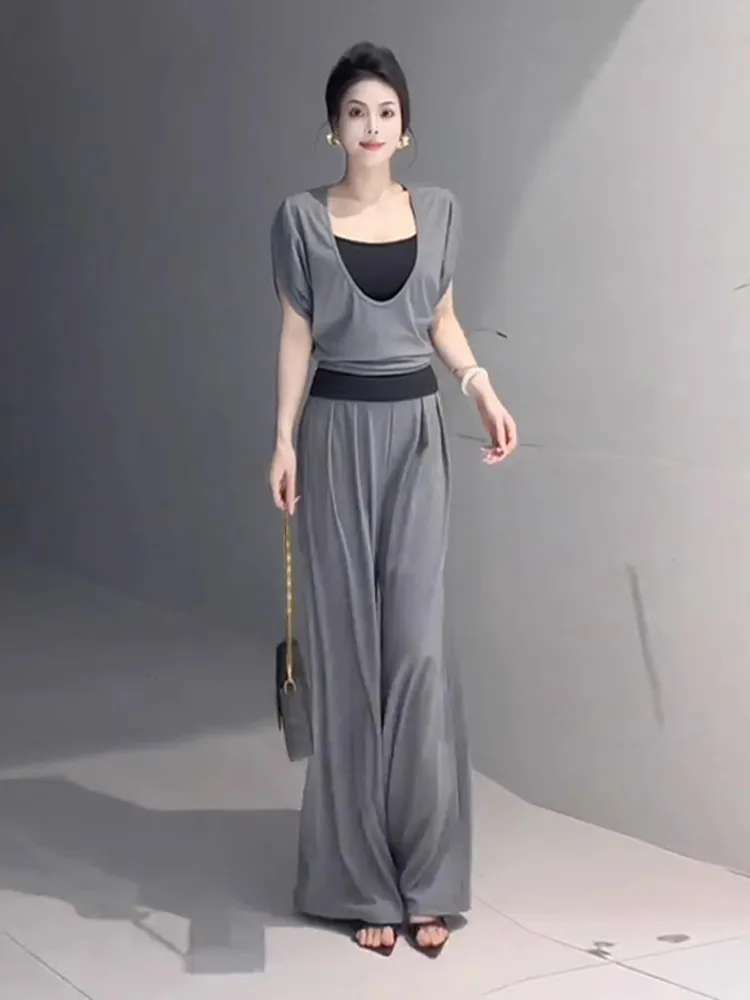 

Модный повседневный женский комплект из трех предметов: топ с коротким рукавом, брюки с широкими штанинами, внутренняя майка, летний дизайн, хлопковый топ с круглым вырезом