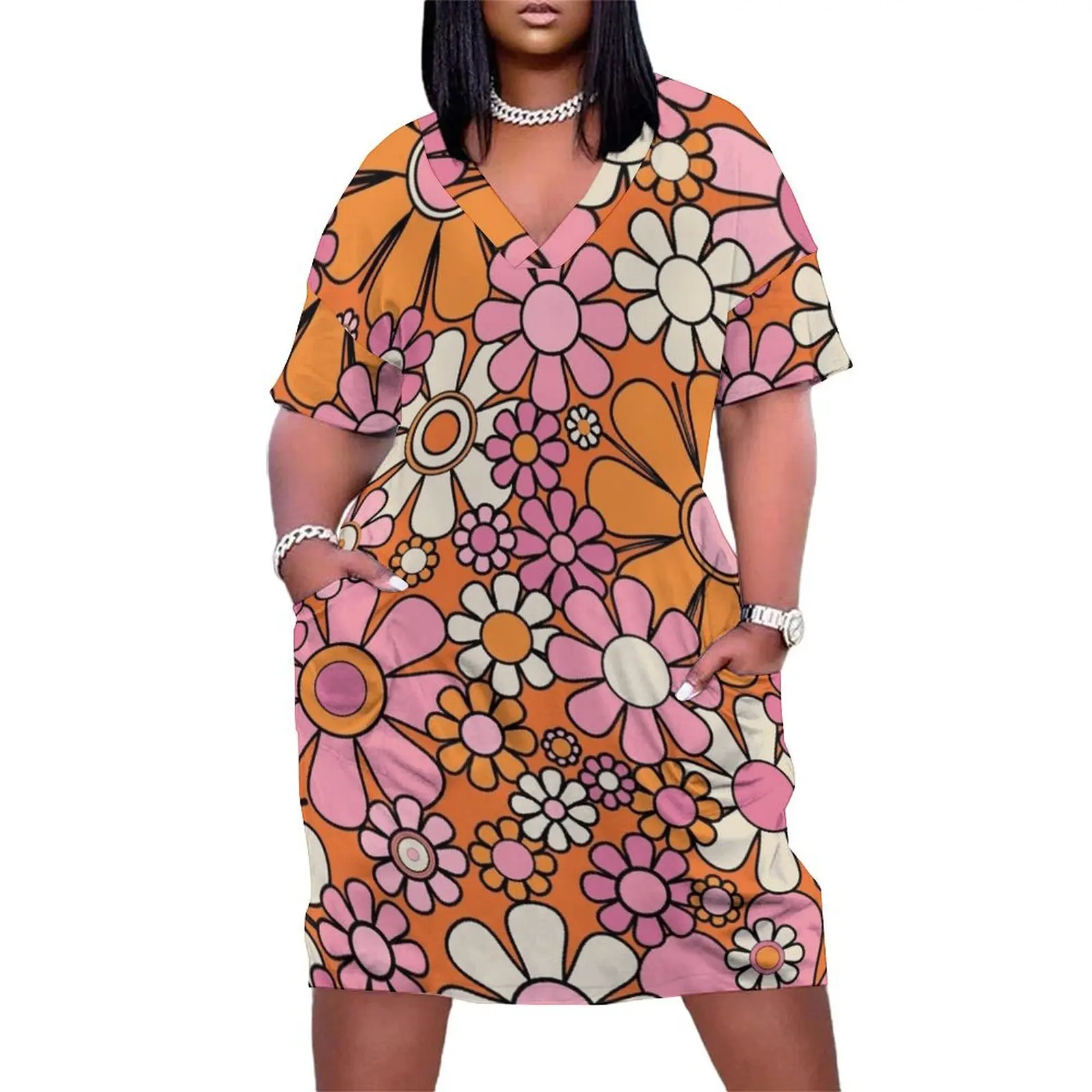 Retro Garden Flowers Groovy 60s 70s Floral Pattern in Thulian Pink, Orange, Cream Beige, and Black Loose Pocket Dress