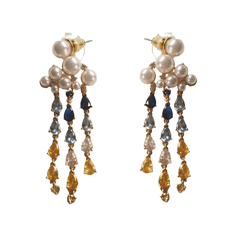 

Niche Clouds Vintage Niche Raindrops Long Tassel Zirconia Pearl Earrings