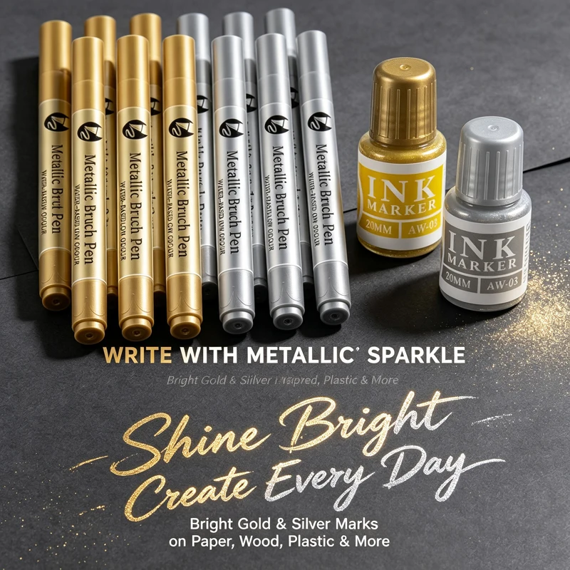 1-24Pcs Gold Silver Brush Permanent Markers Refillable Ink Metallic Paint Marker Pens for Glass Ceramics Painting Art Supplies