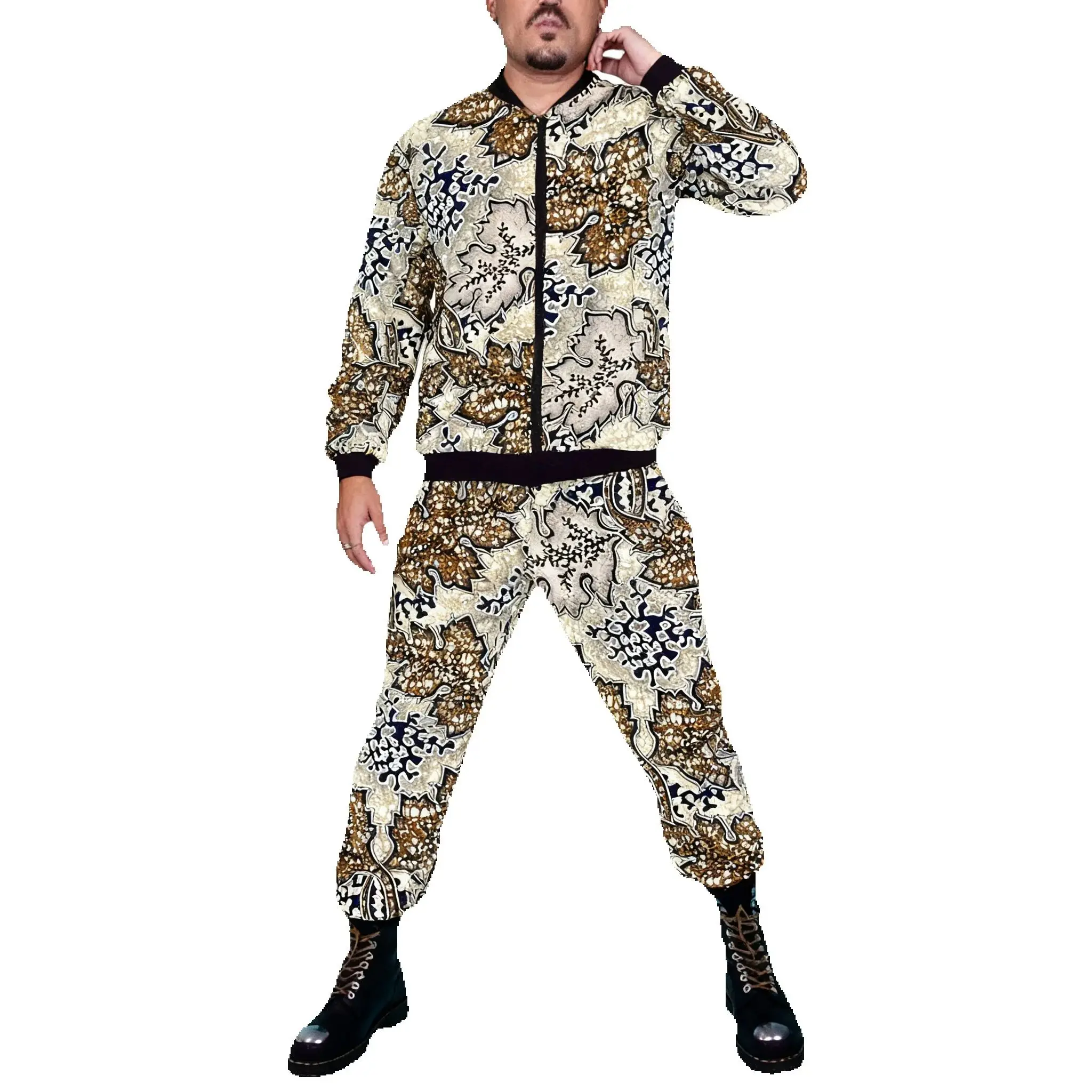 

Мужской спортивный костюм с восковым принтом, винтажная куртка на молнии с этническим узором и зауженные брюки, африканская кутюрная мода для любителей моды