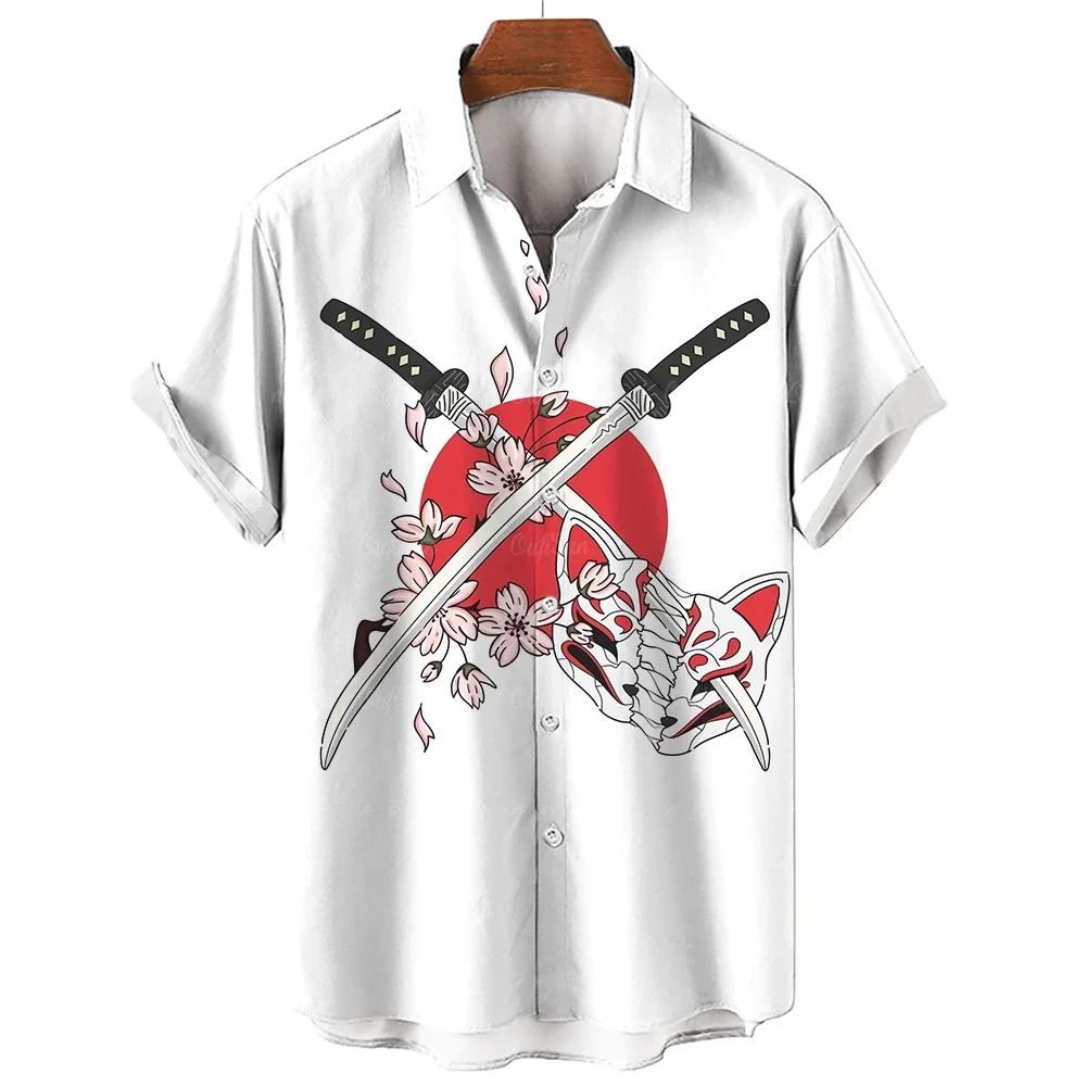 Summer Oversized Men\'s Hawaiian Shirt Short Sleeve Cardigan Top 3D Printed Japanese Samurai Pattern Casual Fashion Men\'s Shirt