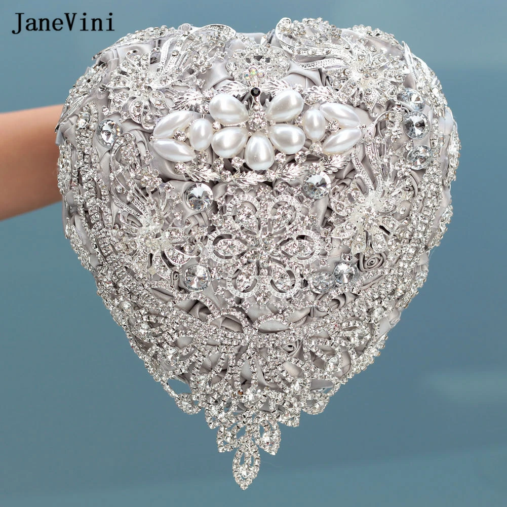 

JaneVini Luxury Rhinestone Pearls Heart-shaped Silver Bridal Bouquets Artificial Satin Roses Wedding Flowers Bouquet De Mariage