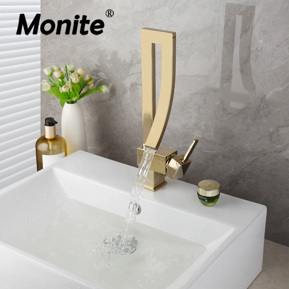 

Monite Bathroom Basin Faucet Golden Plated Waterfall Deck Mounted Unique Design Single Handle Hot And Cold Sink Mixer Tap