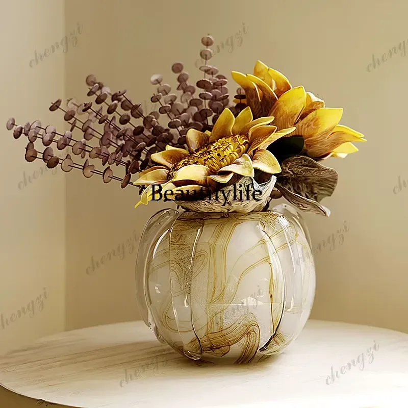 Light Luxury Porcelain White Gold Glazed Vase Big Belly Closed Water Flower Arrangement for Living Room Entrance Home