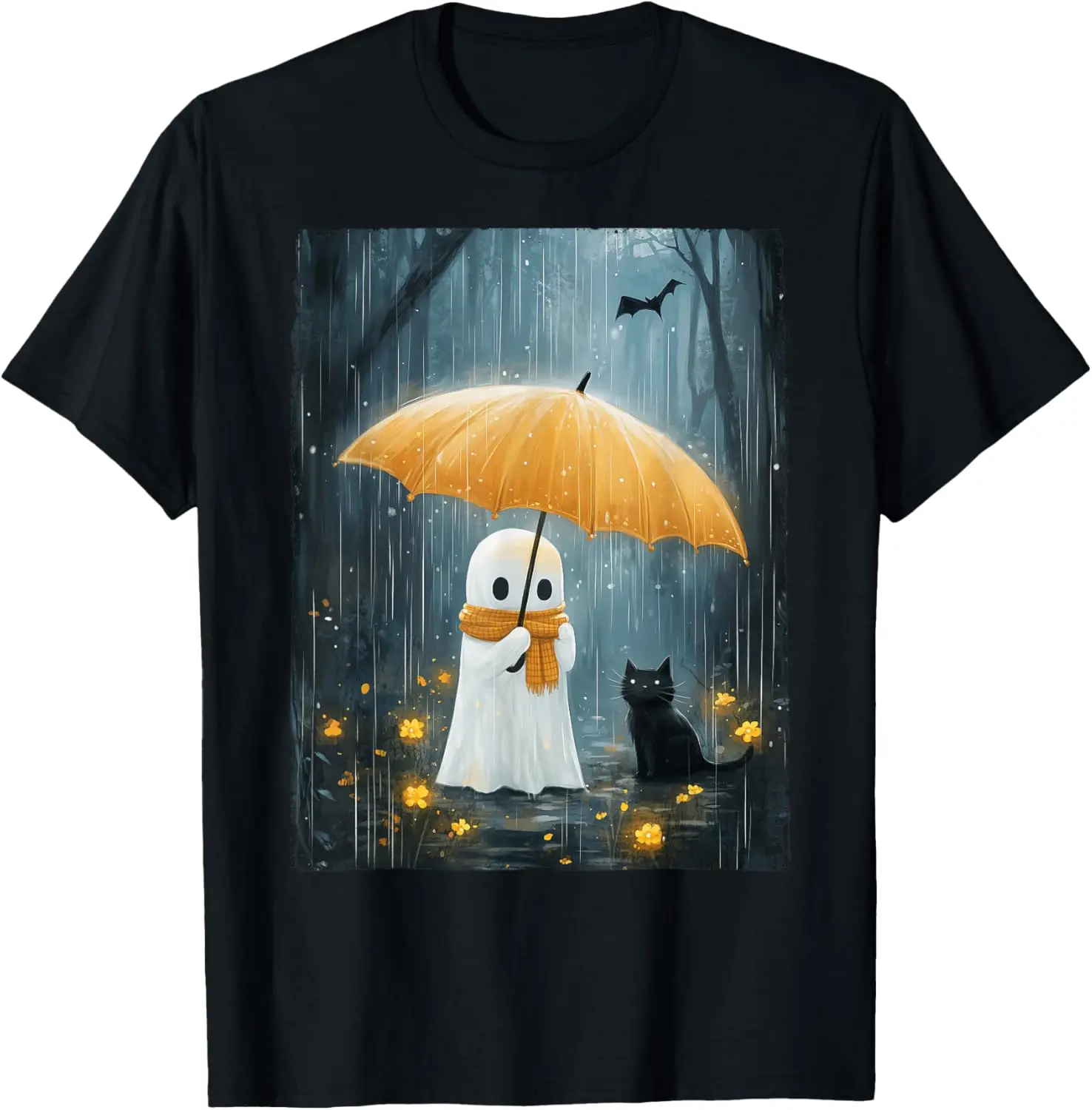 Floral Ghost Holds Umbrella Black Cat Season Women Men T-Shirt