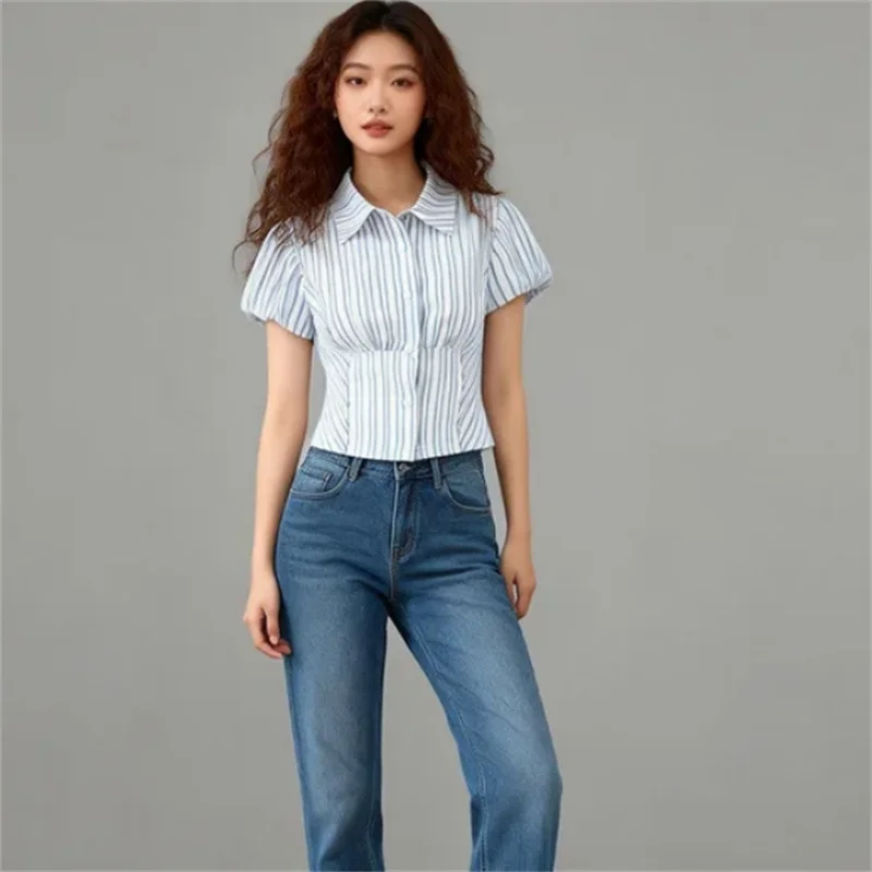 

2026 Spring New Arrival Elegant Fashion Minimalist Blue and White Striped Puff Sleeve Notch Lapel Blouse