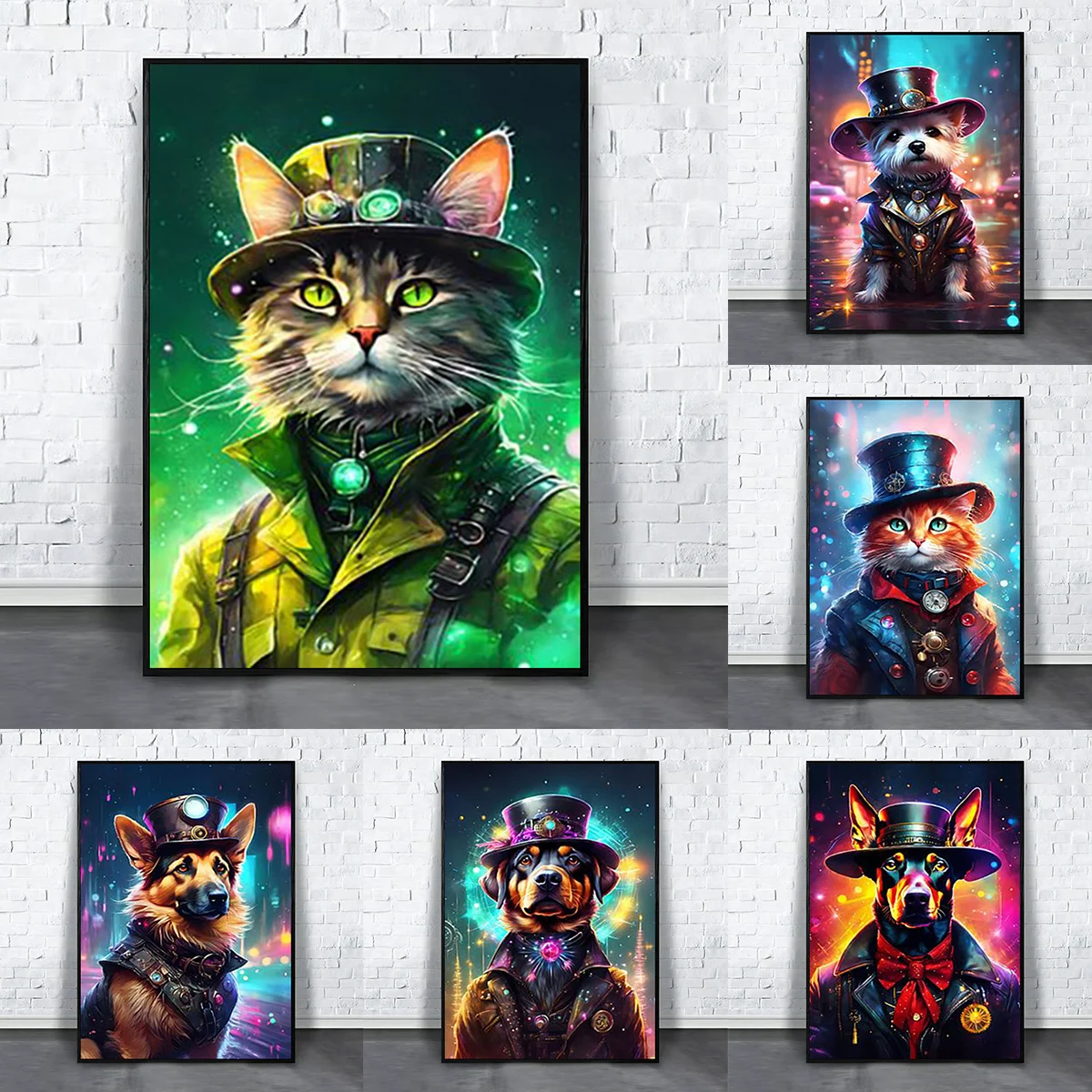 Modern Steampunk Cat Dog Canvas Prints Creative Watercolor Painting Animal Portrait Wall Art Poster for Living Room & Home Decor