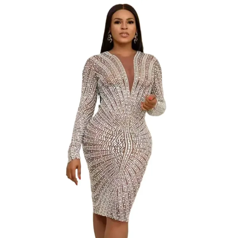 Elegant Long Sleeves Rhinestone Pearls Mini Formal Party Dress Ladies Sexy Wedding Party Dress Women Bodycon Cocktail Prom Dress