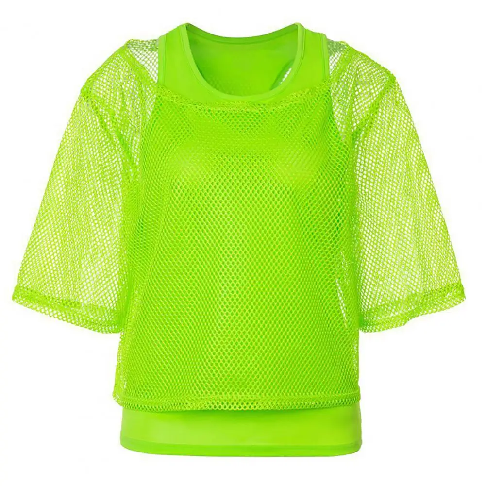 2Pcs/Set Women Mesh Top Vest Set Bright Color O-Neck Short Sleeve Mesh Cropped Tops Racerback Pullover Vest Set