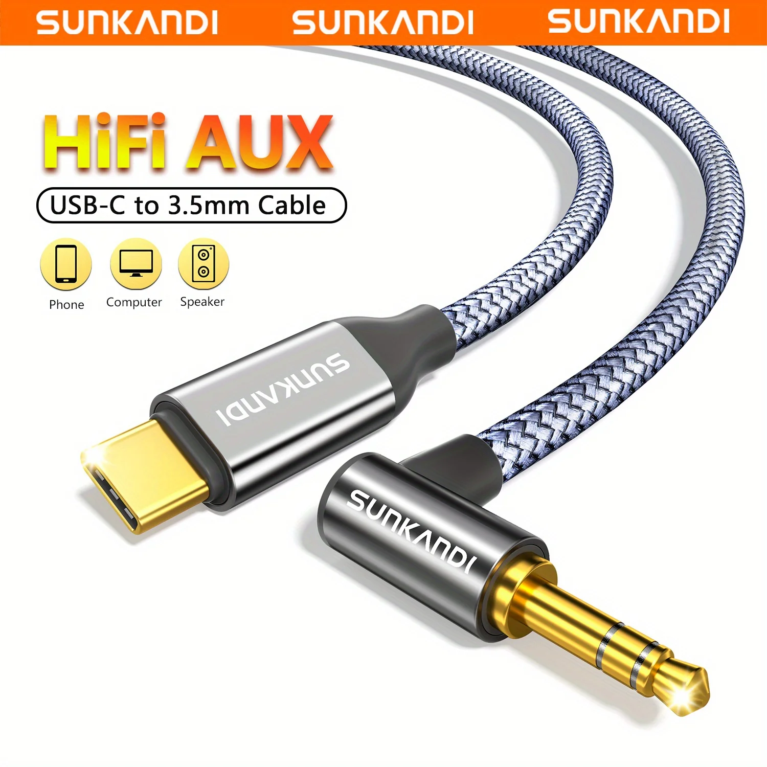 كابل سماعة رأس SUNKANDI USB C إلى 3.5 ملم، سلك Aux ذكر من النوع C إلى 3.5 ملم للسيارة 90 درجة لهاتف iPhone 16/15 iPad/Pro/Air