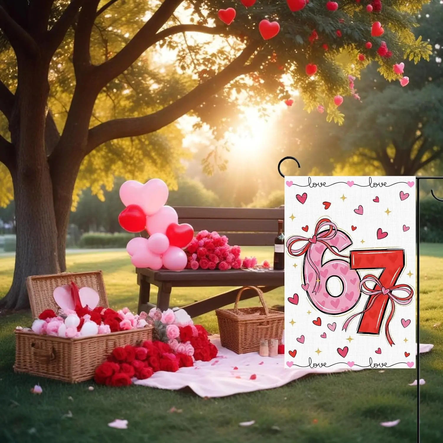 Funny Valentine's Day 6 7 Meme Garden Flag Romantic Love Hearts 67 Six Seven Party Decoration Lawn Yard Patio Front Outd FFL IIC