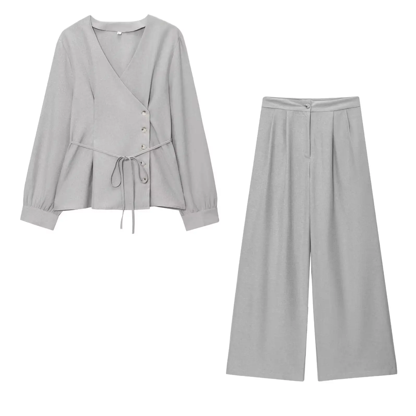 

KONDALA шикарный однотонный повседневный женский костюм 2025 года, рубашка на шнуровке с v-образным вырезом и нерегулярными пуговицами + широкие длинные брюки на молнии, модный женский комплект