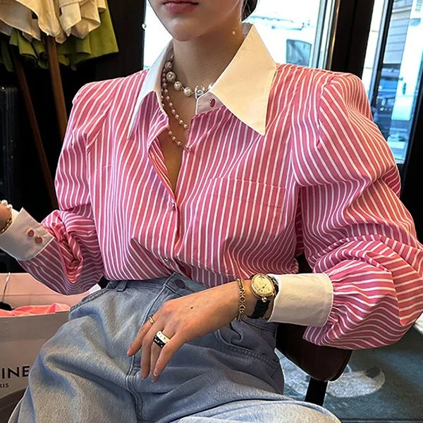 New French Elegant Women Shirts Korean Striped Red Fashion Turn Down Collar Office Ladies Tops Long Sleeve Causal Female Blouse