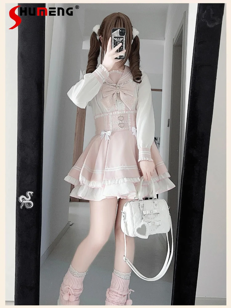 

Japanese Mines Style Mass-produced Navy Collar Bow Long Sleeve Shirts High Waist Short Skirt Two-piece Sets Women Lolita Suit