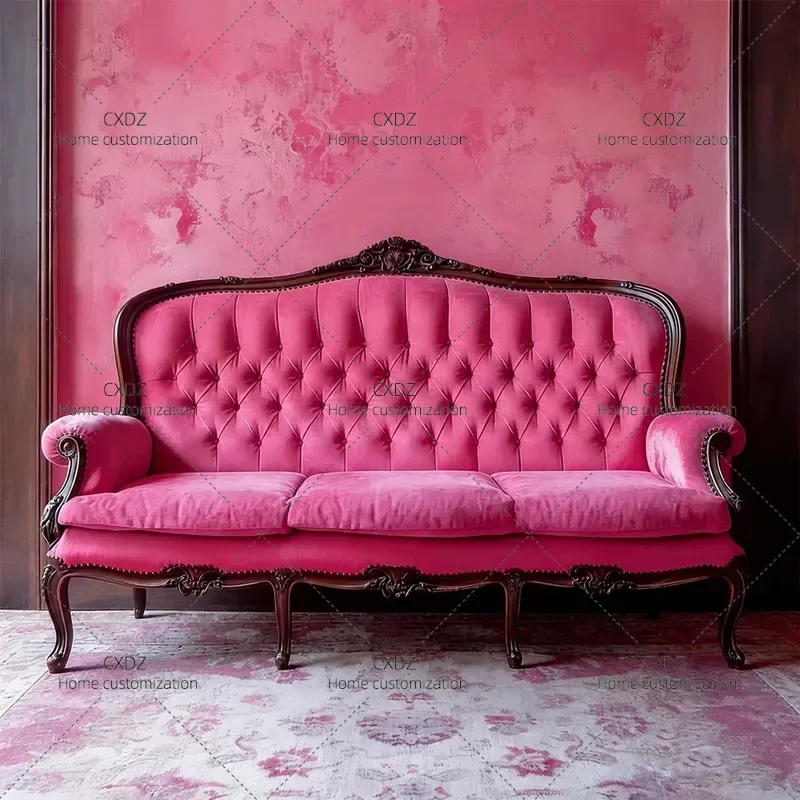 Retro Nordic Solid Wood Sofa Living Room Engraving Art Straight Three Seater Pull Buckle Fabric Leisure Chair