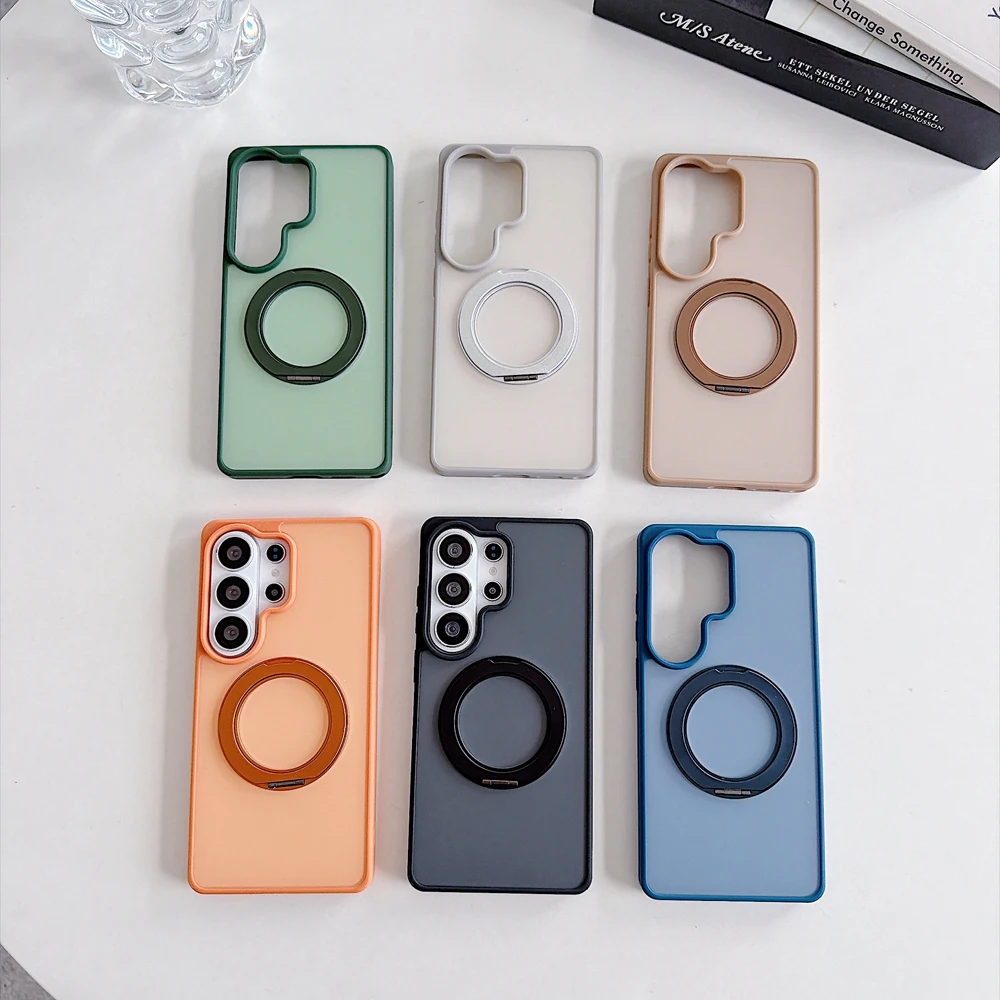 With Metal Ring Holder Acrylic Phone Case For Samsung Galaxy S24 S25 S26 Ultra A57 Contrasnt Color Smooth Skin Magnetic Cover