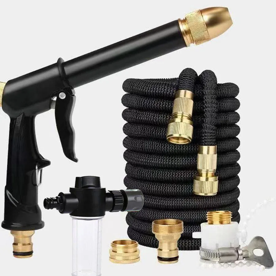 Black Gold High Pressure Car Wash Gun Set with Foam Pot Black Retractable Hose Brass Connector