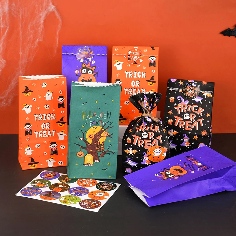 Halloween Cartoon Paper Bags Sealing Stickers Set Happy Halloween Party Candy Cookie Gift Packaging Bags Trick Or Treat