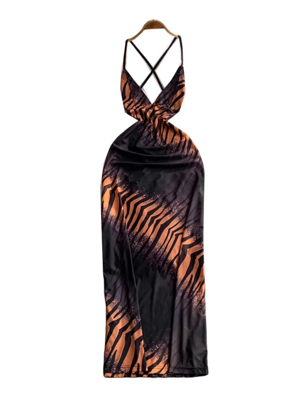 Foamlina アメリカングラフィティプリントセクシーな V ネックミディドレス女性のエレガントなファッション背中の開いたノースリーブ中空アウトホルタースリップドレス