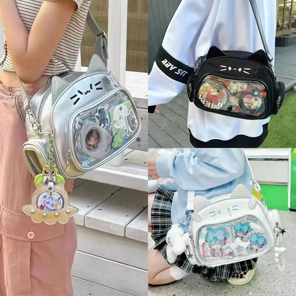 Bolsa de algodón de PU con cremallera para muñeca, bolso de almacenamiento de bolsillo transparente, mochilas de moda, Kawaii Cat Itabag